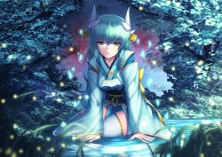 Rule 34 | 1girl, bad id, bad pixiv id, blue kimono, brown eyes, commentary request, dragon horns, fate/grand order, fate (series), green hair, hair between eyes, horns, japanese clothes, kimono, kiyohime (fate), long hair, long sleeves, looking at viewer, mishiro (ixtlolton), night, night sky, obi, outdoors, parted lips, ripples, sash, sky, sleeves past wrists, solo, star (sky), starry sky, thighhighs, very long hair, water, white thighhighs, wide sleeves