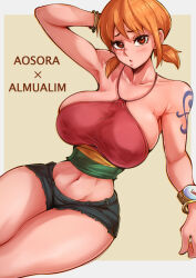 Rule 34 | 1girl, almualim, aosora2823, artist name, bare shoulders, blush, breasts, brown eyes, compass, denim, highres, huge breasts, jewelry, looking at viewer, midriff, nami (one piece), navel, one piece, orange hair, pants, shorts, shoulder tattoo, simple background, tattoo, thighs, watermark, wide hips