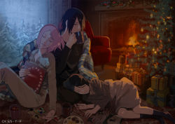 Rule 34 | 1boy, 2girls, artist request, black eyes, black footwear, black hair, blanket, blue hair, book, boruto: naruto next generations, box, chair, christmas, christmas tree, cinnamon stick, closed eyes, closed mouth, cookie, cup, curtains, dark blue hair, drinking, facial mark, father and daughter, fingernails, fire, fireplace, food, gift, gift box, glasses, hair over one eye, hairband, half-closed eyes, haruno sakura, holding, holding book, holding cup, indoors, lying, medium hair, mother and daughter, multiple girls, naruto, naruto (series), no shoes, on side, open book, pajamas, parted lips, photo (object), pine tree, pink hair, pink hairband, plate, red-framed eyewear, short hair, shuriken, sitting, sleeping, sleeping on person, snow, socks, third eye, tree, uchiha sarada, uchiha sasuke, weapon, window