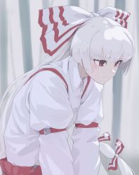 Rule 34 | 1girl, blush, bow, commentary request, fujiwara no mokou, hair bow, highres, leaning forward, long hair, long sleeves, pants, red bow, red eyes, red pants, shiratama (hockey), shirt, solo, suspenders, touhou, upper body, white bow, white hair, white shirt