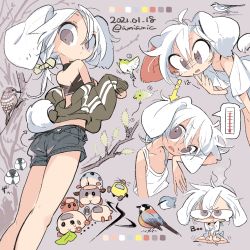 Rule 34 | 1girl, :t, amiami, animal ears, bird, chibi, choker, color guide, dated, female focus, grey background, head rest, highres, indian style, open mouth, original, ponytail, short shorts, shorts, simple background, sitting, sleeves past wrists, solo, tail, tank top, twitter username, white hair