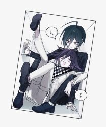 Rule 34 | + +, 2boys, ahoge, between legs, black hair, checkered clothes, checkered scarf, cheong (nept1211), danganronpa (series), danganronpa v3: killing harmony, flipped hair, full body, hair between eyes, highres, leaning on person, legs up, looking at another, male focus, multiple boys, musical note, oma kokichi, open mouth, pale skin, purple eyes, purple hair, saihara shuichi, scarf, short hair, speech bubble, spoken musical note, spoken sweatdrop, straitjacket, sweatdrop, white background, yaoi, yellow eyes