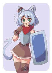 Rule 34 | 1girl, animal ears, armor, bandana around neck, bare shoulders, belt, black belt, blue hair, blush, border, brown gloves, brown skirt, brown thighhighs, cat ears, cat girl, cat tail, copyright request, cowboy shot, ear belt, gloves, green eyes, grey background, highres, holding, holding shield, looking at viewer, open mouth, outside border, shield, short hair, simple background, sketch, skirt, solo, sweatdrop, tail, thighhighs, vadaboob, white border, zettai ryouiki