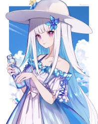 Rule 34 | 1girl, animal, animal on head, bare shoulders, bird, blue hair, blue sky, blunt bangs, bottle, captain yue, closed mouth, cloud, collarbone, commentary request, day, dress, flower, hair flower, hair ornament, holding, holding bottle, lize helesta, long hair, looking at viewer, multicolored hair, nijisanji, off shoulder, on head, outdoors, purple eyes, ramune, sebastian piyodore, short sleeves, sky, solo, tongue, tongue out, two-tone hair, virtual youtuber, white dress, white hair