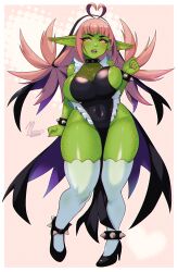 Rule 34 | 1girl, ahoge, artist name, blunt bangs, body freckles, bracelet, breasts, collar, colored skin, commentary, cross, cross necklace, ear piercing, english commentary, female goblin, freckles, full body, goblin, green skin, habit, heart, heart ahoge, high heels, highres, jewelry, large breasts, large ears, matcha (noxcuro), necklace, noxcuro, nun, open mouth, original, pelvic curtain, piercing, pink hair, pointy ears, sideboob, solo, spiked anklet, spiked bracelet, spiked collar, spikes, teeth, thick thighs, thighhighs, thighs, tongue, twintails, yellow eyes