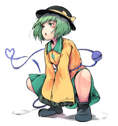 Rule 34 | 1girl, full body, ginnkei, green eyes, green hair, green skirt, hat, heart, heart of string, highres, komeiji koishi, long sleeves, looking ahead, open mouth, shirt, simple background, skirt, sleeves past fingers, sleeves past wrists, solo, squatting, third eye, touhou, v arms, white background, wide sleeves, yellow shirt