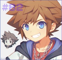 Rule 34 | 1boy, armor, blue eyes, brown eyes, brown hair, disney, fingerless gloves, gloves, jewelry, keyblade, kingdom hearts, kingdom hearts i, lowres, male focus, necklace, nintendo, open mouth, short hair, smile, solo, sora (kingdom hearts), spiked hair, square enix, super smash bros., wusagi2