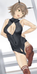 Rule 34 | 10s, 1girl, breasts, brown hair, cleavage, cloritin, front zipper swimsuit, green eyes, headgear, highres, kantai collection, meme attire, mutsu (kancolle), one-piece swimsuit, open mouth, short hair, solo, swimsuit