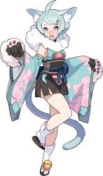 Rule 34 | 1girl, :3, ahoge, animal ear fluff, animal ears, aqua hair, aqua shirt, aqua sleeves, artist request, bell, black gloves, black skirt, blush, bob cut, breasts, brown footwear, cat ears, cat girl, cat tail, claw (weapon), detached sleeves, fang, fanny pack, female focus, fish hair ornament, floral print, full body, fur-trimmed gloves, fur collar, fur trim, gloves, hair ornament, hairclip, hands up, happy, highres, japanese clothes, jingle bell, leg up, light green hair, looking at viewer, mew (world flipper), miniskirt, non-web source, nose blush, official art, open mouth, pleated skirt, sandals, sash, shirt, short hair, sidelocks, skirt, sleeveless, sleeveless shirt, small breasts, smile, socks, solo, standing, standing on one leg, swept bangs, tabi, tachi-e, tail, transparent background, wavy mouth, weapon, white socks, wide sleeves, world flipper, yellow eyes