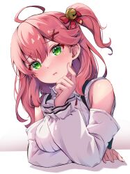Rule 34 | 1girl, :t, absurdres, ahoge, arm rest, bare shoulders, bell, blush, commentary, detached sleeves, finger to cheek, green eyes, hair bell, hair ornament, head tilt, highres, hololive, jingle bell, looking ahead, looking at viewer, medium hair, pink hair, pout, sakura miko, sakura miko (casual), side ponytail, simple background, sleeveless, solo, straight-on, tmo-cat, upper body, virtual youtuber, white background, x hair ornament