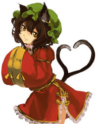 Rule 34 | 1girl, alternate costume, animal ears, bad id, bad pixiv id, brown eyes, brown hair, cat ears, cat girl, cat tail, chen, earrings, female focus, hands in opposite sleeves, hat, heart, heart tail, jewelry, multiple tails, nekomata, sakagatsu, solo, tail, touhou, two tails