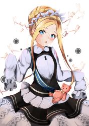 Rule 34 | 1girl, abigail williams (fate), abigail williams (festival outfit) (fate), absurdres, black skirt, blonde hair, blue eyes, blush, braid, breasts, dress, fate/grand order, fate (series), forehead, french braid, highres, long hair, long sleeves, looking at viewer, maid headdress, minertime, official alternate costume, open mouth, parted bangs, sidelocks, simple background, skirt, sleeves past fingers, sleeves past wrists, small breasts, solo, stuffed animal, stuffed toy, teddy bear, very long hair, white background, white dress
