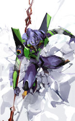 Rule 34 | absurdres, eva 01, ground shatter, highres, holding, holding lance, holding polearm, holding weapon, horns, kaname (emanalc), kneeling, lance, lance of longinus (evangelion), looking up, mecha, neon genesis evangelion, no humans, open hand, polearm, rebuild of evangelion, robot, science fiction, single horn, solo, weapon, white eyes