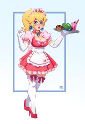 Rule 34 | 1girl, :o, absurdres, adapted costume, alternate costume, apron, bad id, bad twitter id, blue eyes, breasts, brooch, bubble tea, cherry, cleavage, crown, drink, drinking straw, elbow gloves, female focus, food, fruit, full body, gem, glass, gloves, high heels, highres, holding, holding tray, jewelry, large breasts, lips, lipstick, maid, maid apron, maid headdress, makeup, mario (series), nintendo, pink footwear, ponytail, princess peach, riz, sauce, skindentation, solo, standing, thighhighs, tray, whipped cream, white gloves, white thighhighs, zettai ryouiki