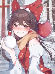 Rule 34 | 1girl, blush, bow, brown eyes, brown hair, commentary request, corrupted twitter file, detached sleeves, frilled bow, frilled hair tubes, frills, hair bow, hair tubes, hakurei reimu, hand up, highres, holding, holding snowball, looking at viewer, medium hair, outdoors, red bow, red ribbon, red shirt, ribbon, ribbon-trimmed sleeves, ribbon trim, rwft3bpgzzqk634, scarf, shirt, shoulder blush, smile, snow, snow on head, snowball, snowing, solo, teeth, torii, touhou, tree, upper body, yellow scarf