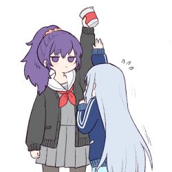 Rule 34 | 132 (bb32768), 2girls, arm at side, arm up, asahina mafuyu, black cardigan, blue hair, cardigan, chinese commentary, closed mouth, commentary request, cropped legs, cup ramen, flying sweatdrops, food, grey shirt, grey skirt, hand up, height difference, highres, holding, holding food, jacket, light blue hair, long hair, long sleeves, miyamasuzaka girls&#039; academy school uniform, multiple girls, neckerchief, open cardigan, open clothes, pantyhose, ponytail, project sekai, purple eyes, purple hair, reaching, red neckerchief, sailor collar, school uniform, serafuku, shirt, simple background, skirt, track jacket, very long hair, white background, white sailor collar, yoisaki kanade