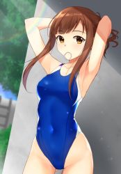 Rule 34 | 1girl, armpits, blue one-piece swimsuit, breasts, brown eyes, brown hair, commentary request, competition swimsuit, contrail, covered navel, cowboy shot, gluteal fold, highleg, highleg swimsuit, holding, holding hair, idolmaster, idolmaster cinderella girls, long hair, looking at viewer, mizumoto yukari, mouth hold, one-piece swimsuit, outdoors, ponytail, small breasts, solo, standing, swimsuit, tonneru keiji