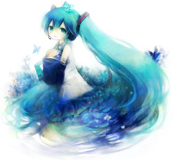 Rule 34 | 1girl, aqua hair, bad id, bad pixiv id, bare shoulders, blue eyes, blush, bug, butterfly, crown, detached sleeves, flower, hatsune miku, headgear, insect, long hair, shimeko, shimeshime, simple background, solo, twintails, upper body, very long hair, vocaloid, white background