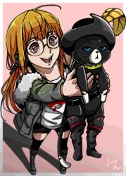 Rule 34 | 1girl, :&lt;, :d, absurdres, animal, artist name, behind-the-head headphones, belt, black-framed eyewear, black thighhighs, blue eyes, boots, cat, commentary, cosplay, english commentary, fur-trimmed jacket, fur trim, glasses, green jacket, hat, hat feather, headphones, highres, holding, holding animal, holding cat, jacket, morgana (persona 5), open mouth, orange hair, persona, persona 5, purple eyes, puss in boots: the last wish, puss in boots (shrek), puss in boots (shrek) (cosplay), sakura futaba, shorts, smile, thighhighs, whiskers, zucchinidraws
