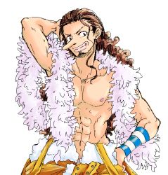 Rule 34 | 1boy, feather boa, hand on own hip, long hair, male focus, one piece, ponytail, topless male, simple background, smile, solo, usopp