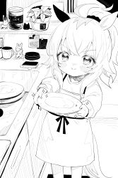 Rule 34 | 1girl, absurdres, animal ears, apron, bad id, bad twitter id, child, closed mouth, cup, greyscale, hair ornament, hair scrunchie, highres, horse ears, horse girl, horse tail, ishida umi, jar, long hair, long sleeves, looking at viewer, monochrome, oguri cap (umamusume), plant, plate, ponytail, potted plant, scrunchie, sink, smile, smug, sparkle, sponge, standing, tail, umamusume, v-shaped eyebrows, water