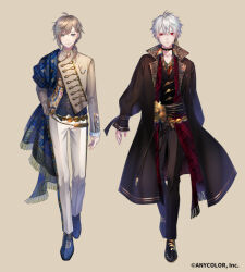 Rule 34 | 2boys, ahoge, arm at side, belt, black choker, black coat, black footwear, black pants, black sash, black shirt, black vest, blue eyes, blue footwear, blue shawl, blue vest, brooch, brown hair, brown jacket, choker, chronoir, closed mouth, coat, collared shirt, copyright notice, cuff links, double-parted bangs, ear piercing, earclip, expressionless, frilled sleeves, frills, fringe trim, full body, gold belt, gold trim, hair behind ear, hair between eyes, hair over shoulder, hair tubes, hakuseki, hand in pocket, jacket, jewelry, kanae (nijisanji), kuzuha (nijisanji), lapels, long sleeves, looking at viewer, low ponytail, male focus, medium hair, mole, mole under eye, multiple boys, nijisanji, notched lapels, official art, open clothes, open coat, open collar, pants, parted lips, patterned clothing, piercing, pinstripe pattern, pinstripe vest, pointy ears, popped collar, print jacket, print shirt, red eyes, red scarf, sash, scarf, sepia background, shawl, shirt, short hair, simple background, sleeves past wrists, smile, standing, stole, striped, vest, virtual youtuber, white hair, white pants