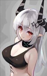 Rule 34 | 1girl, arknights, bare shoulders, blush, breasts, cleavage, closed mouth, commentary, ear piercing, grey background, grey hair, hair between eyes, hige qr, horns, large breasts, long hair, looking at viewer, mudrock (arknights), piercing, pointy ears, red eyes, smile, solo, upper body, very long hair