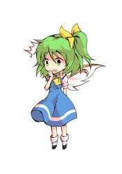 Rule 34 | 1girl, ascot, black eyes, black footwear, blue dress, bow, chibi, collar, collared shirt, dairi, daiyousei, dress, fairy wings, full body, green eyes, green hair, hair between eyes, hair bow, hand on own face, hand up, looking to the side, open mouth, ponytail, puffy short sleeves, puffy sleeves, shaded face, shirt, shoes, short hair, short ponytail, short sleeves, simple background, socks, solo, standing, tachi-e, touhou, transparent background, white background, white shirt, white sleeves, white socks, wings, yellow ascot, yellow bow