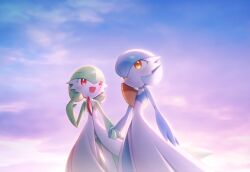 Rule 34 | 2girls, alternate color, arm at side, arms at sides, artist name, backlighting, black choker, blue background, blue hair, blue skin, blue sky, blush, bob cut, choker, closed mouth, cloud, colored skin, creatures (company), day, female focus, flat chest, game freak, gardevoir, gen 3 pokemon, gradient sky, green hair, green skin, hair between eyes, hand up, happy, holding hands, light blush, looking at another, lotosu, mega stone, multicolored skin, multiple girls, nintendo, open mouth, orange eyes, outdoors, pokemon, pokemon (creature), red eyes, shiny and normal, shiny pokemon, short hair, signature, sky, smile, standing, two-tone skin, white skin