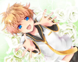 Rule 34 | 1boy, :d, bad id, bad pixiv id, blue eyes, brown hair, kagamine len, male focus, open mouth, outstretched arms, sakura ran, smile, solo, vocaloid
