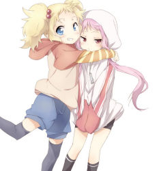 2girls bad_id bad_pixiv_id blonde_hair blue_eyes blush grin hair_bobbles hair_ornament hood hoodie hug kl-chan maruki_(punchiki) multiple_girls original pink_hair red_eyes short_hair shorts smile thighhighs twintails