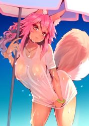 Rule 34 | 1girl, animal ear fluff, animal ears, beach umbrella, blush, breasts, cleavage, collarbone, covered erect nipples, day, fang, fate (series), female pubic hair, fox ears, fox tail, large breasts, outdoors, parasol, pink hair, pubic hair, see-through, shirt, solo, sweat, tail, tamamo (fate), tamamo no mae (fate/extra), tamamo no mae (swimsuit lancer) (fate), tamamo no mae (swimsuit lancer) (second ascension) (fate), umbrella, wet, wet clothes, wet shirt, wisespeak, yellow eyes
