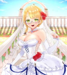 Rule 34 | 1girl, :d, alternate costume, blonde hair, blue-framed eyewear, blunt bangs, breasts, bridal veil, commission, detached sleeves, dress, female focus, glasses, green eyes, highres, kantai collection, large breasts, long hair, looking at viewer, northampton (kancolle), open mouth, oriharaizaya819, outdoors, semi-rimless eyewear, skeb commission, smile, solo, strapless, strapless dress, veil, wedding dress, white dress, white sleeves
