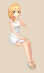 Rule 34 | 1girl, bad id, bad twitter id, bare arms, bare shoulders, blonde hair, blue eyes, blue footwear, closed mouth, collarbone, dress, feet, full body, hair between eyes, hair over shoulder, hand up, highres, kingdom hearts, legs together, mizu ramen, namine, sandals, simple background, sitting, sketchbook, smile, solo, toes, white dress