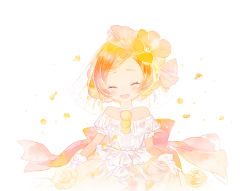 Rule 34 | 10s, 1girl, bad id, bad pixiv id, bare shoulders, closed eyes, dress, earrings, flower, gloves, hair flower, hair ornament, hoshizora rin, jewelry, love live!, love live! school idol project, love wing bell, necklace, off-shoulder dress, off shoulder, orange hair, pechika, petals, pom pom (clothes), ribbon, short hair, simple background, solo, veil, wedding dress, white background, white gloves