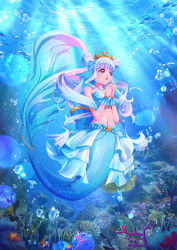 Rule 34 | 1girl, absurdres, air bubble, blue hair, blue skirt, blunt bangs, blush, breasts, bubble, commentary, crop top, fins, fish, hagoromo, hair rings, hands up, head fins, highres, jewelry, lens flare, light blue hair, light rays, long hair, medium breasts, mermaid, monster girl, navel, necklace, open mouth, original, own hands clasped, own hands together, pearl necklace, pink eyes, princess, senkun, shawl, showgirl skirt, sidelocks, skirt, solo, strapless, tareme, tiara, underwater, wrist cuffs