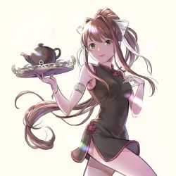 Rule 34 | 1girl, akikoyama, alternate costume, armlet, bare shoulders, black dress, breasts, brown hair, china dress, chinese clothes, commentary, cowboy shot, doki doki literature club, dress, green eyes, hair ribbon, hand on own chest, highres, holding, holding tray, long hair, looking at viewer, medium breasts, monika (doki doki literature club), ponytail, ribbon, short dress, side slit, sidelocks, simple background, sleeveless, sleeveless dress, smile, solo, teapot, tray, very long hair, white ribbon, yellow background