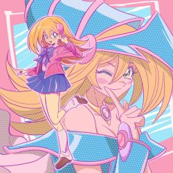 Rule 34 | 1girl, artist request, bare legs, bare shoulders, blonde hair, blue footwear, blush stickers, breasts, cleavage, dark magician girl, domino high school uniform, duel monster, full body, green eyes, hat, highres, long hair, looking at viewer, magical girl, multiple views, one eye closed, plaid, plaid skirt, school uniform, simple background, skirt, solo, very long hair, white background, wide hips, wink, wizard hat, yu-gi-oh!