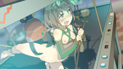 Rule 34 | 1girl, andousaiga, barefoot, blurry, blurry background, blush, bottomless, breasts, brown hair, choker, crane (machine), elbow gloves, embarrassed, eyebrows hidden by hair, feet, female focus, gloves, green eyes, groin, highres, indoors, legs, nipples, no panties, open mouth, original, pussy, restrained, short hair, small breasts, solo, tears, thighs, toes, uncensored