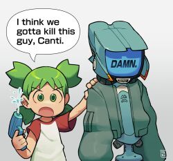 Rule 34 | 1girl, canti, clothed robot, commentary, crossover, english commentary, english text, flcl, green hair, grey background, hand on another&#039;s shoulder, highres, holding, holding water gun, humanoid robot, i think we&#039;re gonna have to kill this guy steven (meme), inktaru, koiwai yotsuba, md5 mismatch, meme, open mouth, quad tails, robot, simple background, television, water gun, webp-to-png conversion, yotsubato!