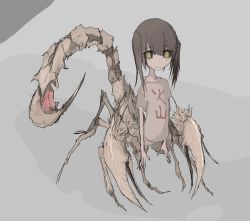 Rule 34 | 1girl, black sclera, brown hair, claws, colored sclera, female focus, arthropod girl, monster girl, original, scorpion girl, scorpion tail, shirt, solo, spino (nebrve), t-shirt, tail, twintails