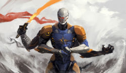 Rule 34 | 1boy, bandages, bandaged arm, bandages, breath, cyborg, energy sword, extra arms, glowing, glowing eyes, gray fox, hand gesture, highres, holding, holding sword, holding weapon, katana, kokage no shita, lens flare, male focus, metal gear (series), ninja, open hand, scarf, short sword, solo, sword, tantou, weapon