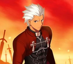 Rule 34 | 1boy, archer (fate), bad id, bad pixiv id, dark-skinned male, dark skin, fate/stay night, fate (series), field of blades, fuyuki (neigedhiver), gradient background, grey eyes, male focus, solo, unlimited blade works (fate), white hair