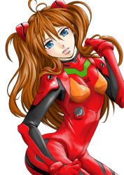 Rule 34 | 1girl, antenna hair, arm at side, blue eyes, blush, bodysuit, bracer, breasts, brown hair, clenched hand, cowboy shot, from side, gloves, hair between eyes, hand up, head tilt, headgear, lips, long hair, looking at viewer, neon genesis evangelion, parted lips, pilot suit, pink lips, plugsuit, simple background, small breasts, solo, souryuu asuka langley, turtleneck, wavy hair, white background