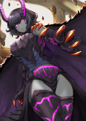 Rule 34 | 1girl, black hair, breasts, colored skin, dragon girl, gore magala, highres, horns, jojobirdz, large breasts, looking at viewer, monster girl, monster hunter (series), open mouth, pale skin, personification, purple eyes, short hair, thick thighs, thighs, wings