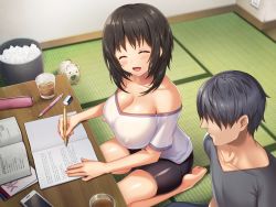 Rule 34 | 1girl, azuki yui, bare shoulders, barefoot, bike shorts, black hair, blush, book, breasts, bucket, cellphone, cleavage, closed eyes, covered erect nipples, feet, from above, groin, hair over eyes, happy, highres, indoors, kyonyuu inaka musume to sugosu ecchi na natsuyasumi, large breasts, legs, medium hair, nipples, no bra, off shoulder, open mouth, phone, see-through, sitting, smile, table, tatami, thighs, tissue, toes, writing