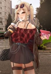 Rule 34 | 1boy, :d, ahoge, bad id, bad twitter id, bag, bare shoulders, belt, black belt, black choker, black nails, black ribbon, black skirt, blonde hair, blush, box, bra strap, brown eyes, brown jacket, building, cellphone, choker, commentary, cowboy shot, cup, day, disposable cup, drinking straw, earrings, english commentary, eyeshadow, eyewear on head, fishnet thighhighs, fishnets, garter straps, hair ribbon, handbag, hands up, highres, holding, holding box, holding cup, holding phone, hoop earrings, jacket, jewelry, looking at viewer, makeup, male focus, miniskirt, nail polish, off-shoulder shirt, off shoulder, open clothes, open jacket, open mouth, original, outdoors, phone, photo background, plaid, plaid shirt, pleated skirt, red shirt, ribbon, road, shirt, sidelocks, skirt, smartphone, smile, standing, street, sunglasses, thighhighs, thighs, trap, tree, turisasu, twintails, zettai ryouiki
