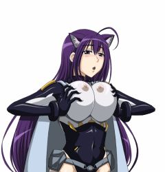Rule 34 | 1girl, ahoge, animal ears, artist request, asobi ni iku yo!, bell, blush, grabbing another&#039;s breast, breasts squeezed together, breasts, cat ears, cat tail, grabbing, jingle bell, kuune, large breasts, long hair, nipples, open mouth, purple hair, solo, tail, very long hair