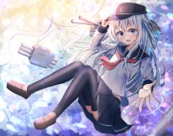 Rule 34 | 1girl, absurdres, anchor symbol, ass, black hat, black sailor collar, black skirt, black thighhighs, blue eyes, blush, brown footwear, dfd, flat cap, full body, hair between eyes, hat, hibiki (kancolle), highres, kantai collection, loafers, long hair, long sleeves, neckerchief, open mouth, pleated skirt, red neckerchief, sailor collar, school uniform, serafuku, shoes, skirt, smile, solo, thighhighs, white hair