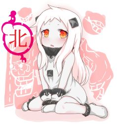 Rule 34 | 10s, 1girl, abyssal ship, bare shoulders, between legs, blush, dress, hand between legs, i b b e, kantai collection, long hair, looking at viewer, mittens, northern ocean princess, orange eyes, pale skin, sitting, solo, wariza, white dress, white hair, white mittens
